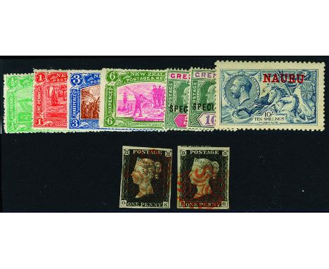 COMMONWEALTH - Small selection comprising Grenada 1902 5s and 10s overprinted 'SPECIMEN', Nauru 1916 10s Seahorse, New Guinea