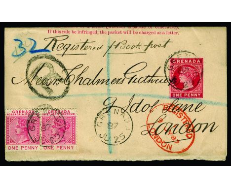 Springbett Mr. D - Grenada: 1887 June 25, 1d red postal stationary wrapper sent registered to London, up-rated with 1d horizo
