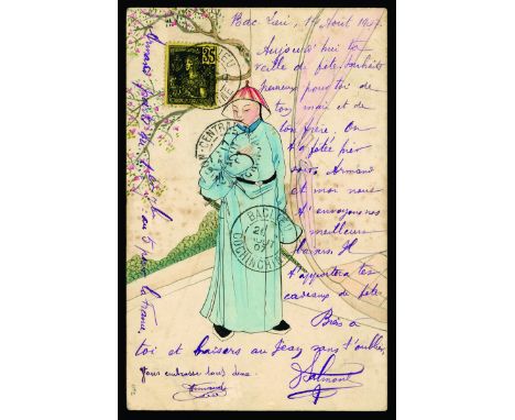 Springbett Mr. D - French Indo-China: 1907 August 2, blue illustrated postcard sent registered to Chevanceaux (France), frank