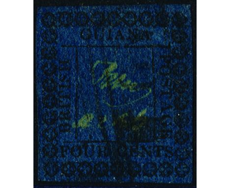 BRITISH GUIANA - 1862 4c black on blue paper, rouletted 6 with inner frame lines (SG 123b) position R.2/6, used, roulettes tr