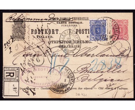 Springbett Mr. D - Finland: 1894, 10p red postal stationary card sent registered to Belgium, up-rated with 25p blue (Arms), t