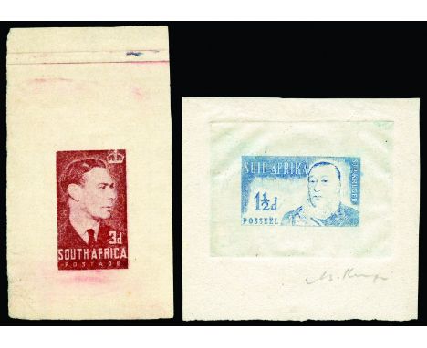 SOUTH AFRICA - 1947 Essay for a proposed Royal Visit 3d value in red-brown on white (50 x 90mm), 1949 1½d Kruger essay in lig
