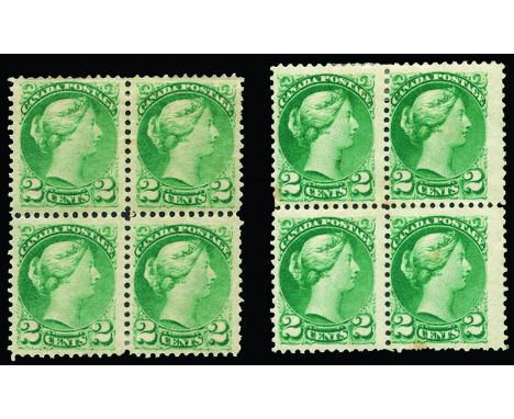 CANADA - 1889-97 2c dull sea-green and 2c blue-green (SG 103/04) in blocks of 4, some creasing, former a couple of short perf