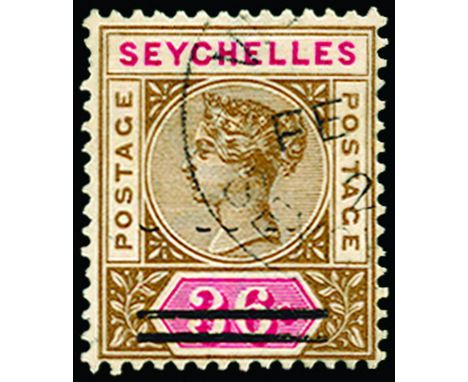 SEYCHELLES - 1901 (June-Oct) 3c on 36c brown and carmine, variety "3 cents" omitted (a tiny part remains, as usual with this 