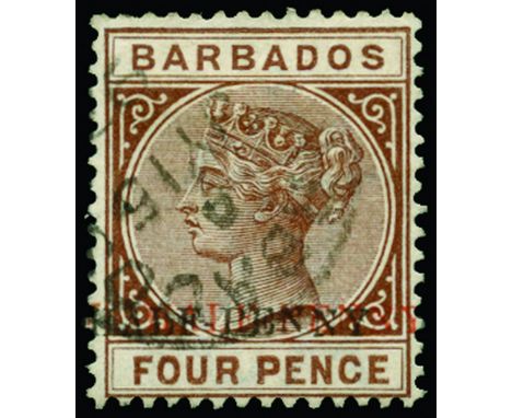 BARBADOS - 1892 ½d on 4d deep brown variety 'Surcharge double, in red and black' (SG 104b) used by light cds cancellation, BP