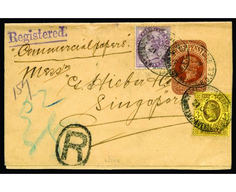 Springbett Mr. D - Great Britain: 1898 October 21, ½d brown postal stationary wrapper sent registered to Singapore, up-rated 