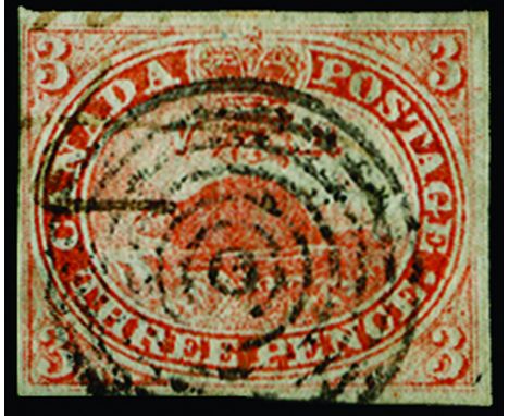 CANADA - 1851 Laid paper, imperforate 3d red 'Beaver' (SG 1) close to large margins, used with target cancellation and part p