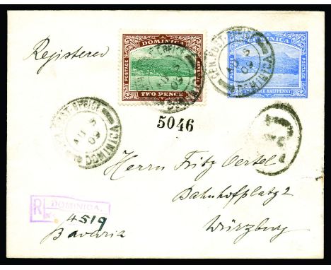DOMINICA - 1903 2½d bright blue postal stationery env (H&G 2), uprated with 1907-08 2d green and brown (SG 39), to Wurzburg, 