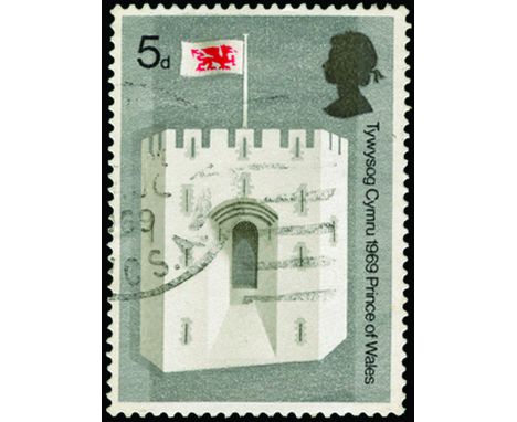 QEII ERRORS & VARS - 1969 Investiture of H.R.H. The Prince of Wales, 5d "Queen Eleanor's Gate", error pale turquoise green om