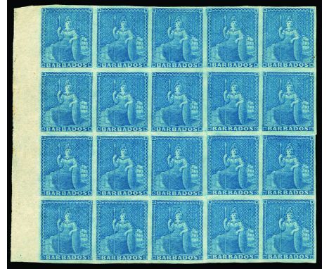 BARBADOS - 1855-58 (1d) deep blue (SG 10) left hand marginal block of twenty (5 x 4), part to full o.g., light soiling on rev