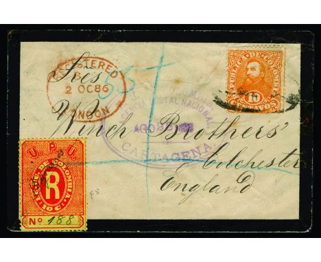 Springbett Mr. D - Columbia: 1886 October 2 mourning Registered cover to Colchester (England) franked 10c Nunez with indistin