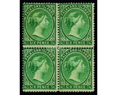 FALKLAND ISLANDS - 1878-79 6d blue-green (SG 3) block of four, reinforced at centre and perf separation between r/h pair, lar