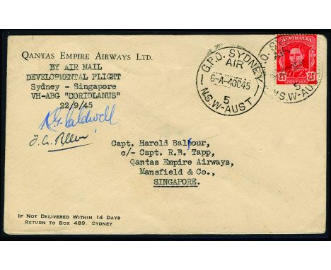 AIRMAIL - Australia: 1945 October 4, Australia to Singapore Flight by Qantas, envelope franked 2½d tied by Sydney cds, on rev