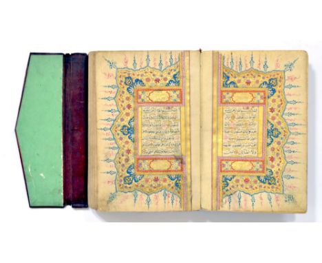 The Koran. A manuscript in Nashki script, c.300 leaves, double-page illuminated opening, text and diacritics in black ink, go