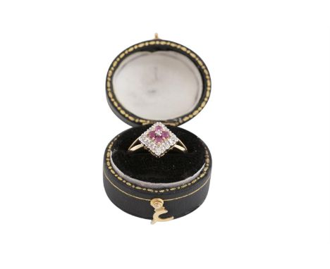 A RUBY AND DIAMOND RING, of square shape, set with four round-shaped rubies within a surround of single-cut diamonds and a si