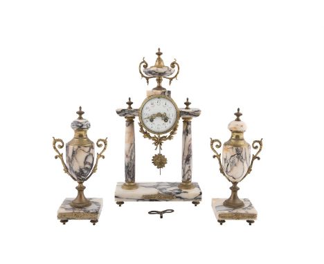 A FRENCH MOTTLED MARBLE AND ORMOLU MOUNTED THREE PIECE CLOCK GARNITURE, late 19th century, the clock surmounted by a classica