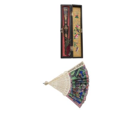 A CHINESE LACQUERED FAN, c.1900, in original gilt decorated case; together with a Cantonese hand painted fan, 19th century, c