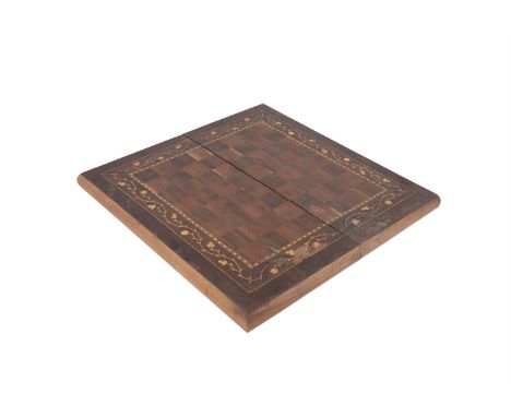 AN IRISH KILLARNEY WORK ARBUTUS AND MARQUETRY INLAID FOLD OVER CHESS BOARD, mid-19th century, decorated with a border of cont