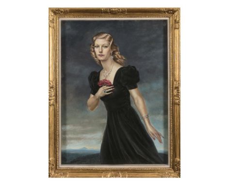 GAETANO DE GENNARO (1890-1959)Portrait of 'Myra' wearing a black evening dress, holding a red carnation, three-quarter length