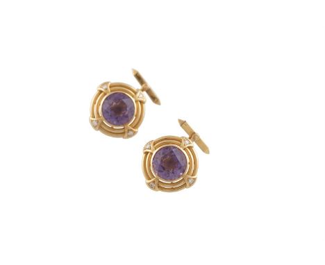 A PAIR OF AMETHYST, DIAMOND AND GOLD CUFFLINKS, each set with a round mixed-cut amethyst, with round brilliant-cut diamond hi