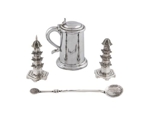 A PAIR OF CHINESE 'PAGODA' SILVER CONDIMENTS, struck with makers mark of Kwong man shing, Canton/Hong King, c.1880-1920; toge