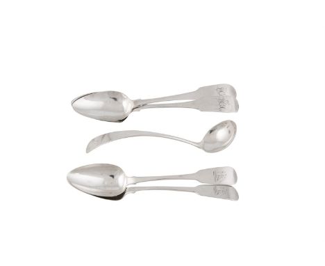 A COLLECTION OF IRISH GEORGIAN SILVER SPOONS, comprising:- a pair of fiddle pattern dessert spoons Dublin c.1835, mark of Ric
