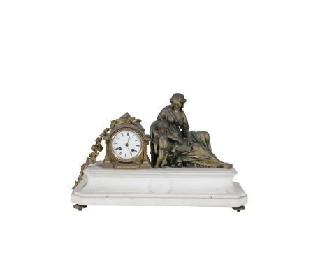 A FRENCH 19TH CENTURY WHITE MARBLE AND CAST BRASS FIGURAL MANTLE CLOCK, the drum case flanked to one side by a seated female 