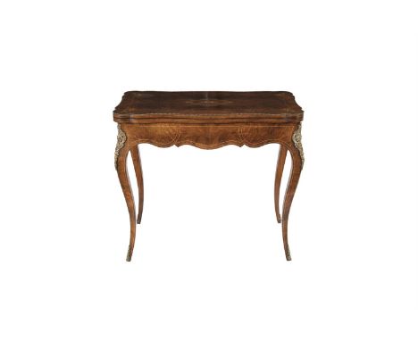 A FRENCH BURR WALNUT, MARQUETRY AND ORMOLU MOUNTED FOLDING TOP CARD TABLE, 19th century, the inlaid hinged top with foliate d