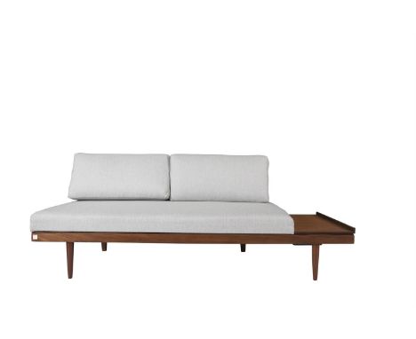 A SCANDINAVIAN DAY BED BY INGMAR RELLING, 1960s, upholstered in light grey fabric, with side compartment opening to reveal fi