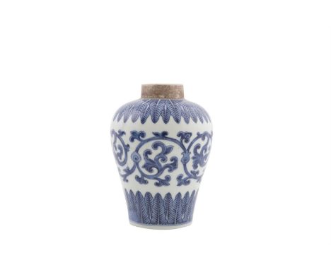 A CHINESE BLUE AND WHITE VASE, Jiaqing (1796-1820) of baluster form decorated with a continuous band of foliate scrolls betwe