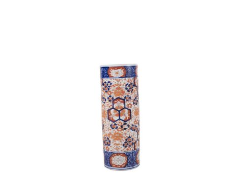 A JAPANESE IMARI PORCELAIN CYLINDRICAL STICK STAND, decorated in the traditional taste in burnt orange, blue and gilt (restor