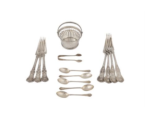A MISCELLANEOUS COLLECTION OF SILVER AND WHITE METAL ITEMS, COMPRISING:- A set of four king's pattern dinner forks, London 19