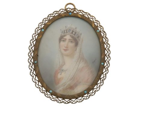 'DUPRE'Miniature half-length portrait of a young lady wearing a pearl and sapphire coronet and matching necklace and earrings