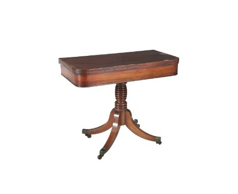 A VICTORIAN INLAID MAHOGANY FOLDING TOP CARD TABLE, of shaped rectangular form, supported on ring turned centre column, on sp