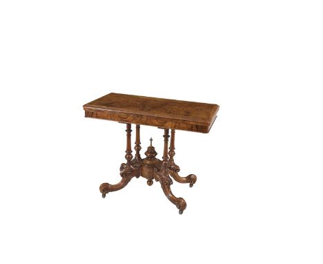  A VICTORIAN WALNUT AND MARQUETRY INLAID FOLD-OVER CARD TABLE, c. 1870, the moulded rectangular top inlaid with foliate lozen