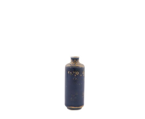 A CHINESE POWDER BLUE AND GILT DECORATED CYLINDRICAL SCENT BOTTLE, 18th century, with narrow lipped rim and gilt scrolls to t