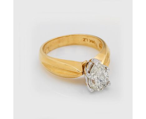 Moderner Diamantsolitär-Ring Gelbgold, gest. 14 k. Zentral besetzt mit einem Diamanten von ca. 1,52 ct. (F-G/I2) im Tropfensc