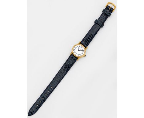 Klassische Damenarmbanduhr von Chopard Schweiz. Genf. Gelbgold, gest. 18 k. Rundes Uhrengehäuse. Weißes Emailzifferblatt mit 