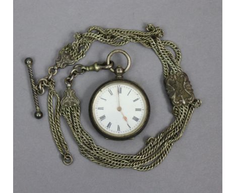 A vintage ladies’ fobwatch with black roman numerals to the white enamel dial, in engraved .935 silver case, &amp; with white