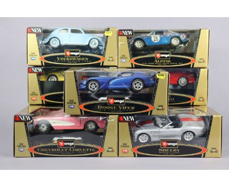 Nine Burago large scale die-cast Gold collection model sports cars, each with window box.