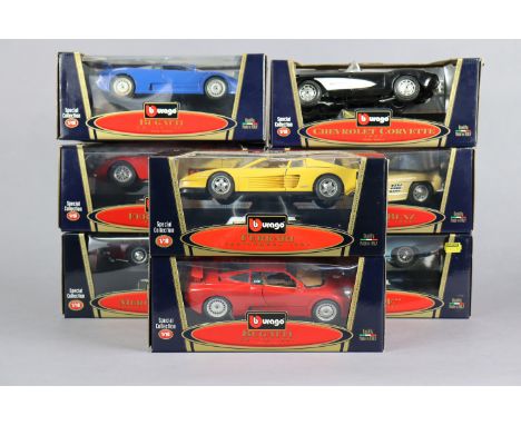 Eight Burago large scale die-cast Special Collection model sports cards, each with window box.