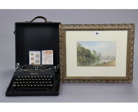 A small watercolour painting of a river landscape with fisherman to the fore, signed T. J. Soper, 6¼” x 9¼”, in glazed gilt f