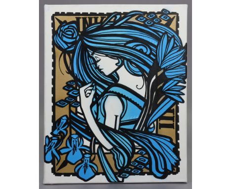 INKIE: “A Sprayprint leaf &amp; acrylic on canvas “Nouveau Blue”, 20” x 16”; &amp; a ditto Limited Edition print “LA” (Lt. Ed