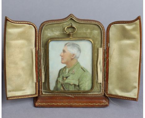 An early 20th century portrait miniature of a First World War army officer, Douglas Montgomery Dening, his head in profile, 3