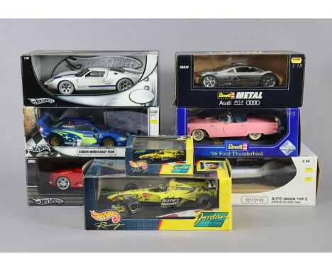 Five various Hot Wheels die-cast scale model motor cars; &amp; three Revell large scale die-cast model motor cars, each with 