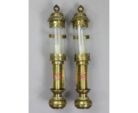 A pair of replica G. W. R. brass wall-mounted oil lamps, 14½” high.