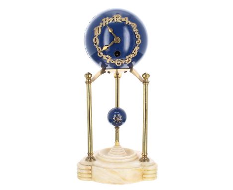 Junghans small globe mantel clock timepiece, the cobalt blue movement casing with applied Arabic numerals over a ball pendulu