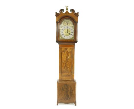 Mahogany eight day longcase clock, the 13" brass arched dial signed Thos Moss, Frodsham to the foliate engraved centre with s