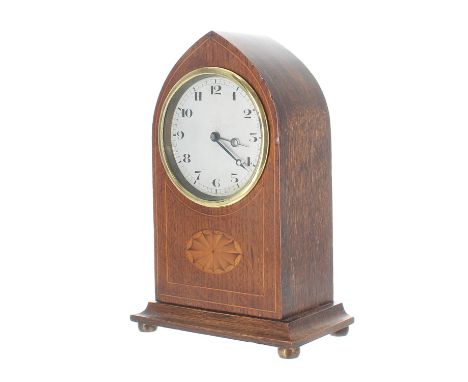 French oak inlaid mantel clock&nbsp;timepiece with platform escapement, within a lancet arched case, 8.75" high 