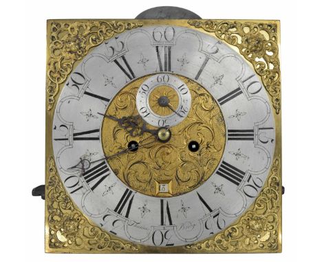 Eight day longcase clock movement signed Thomas Bridge on the silvered chapter ring enclosing a foliate engraved matted centr